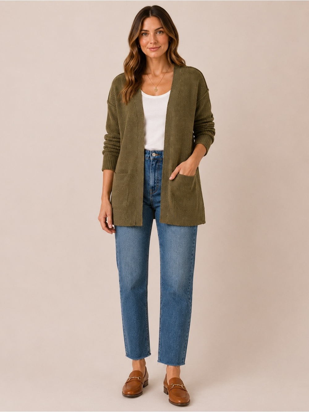 Universal Thread Olive Green 100% Cotton Shaker Knit Open Cardigan Small Pockets